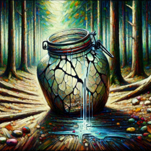 The image of a cracked jar leaking slightly in a forest, portrayed in the Expressionism art style.