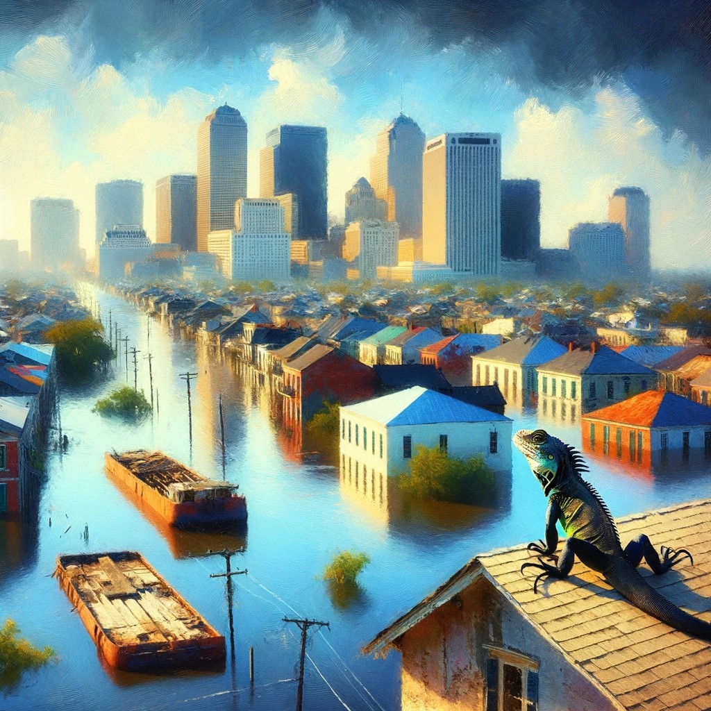An impressionist style image of New Orleans after Hurricane Katrina showing the flooded city with a large barge in the waters and a Draco lizard on a rooftop.